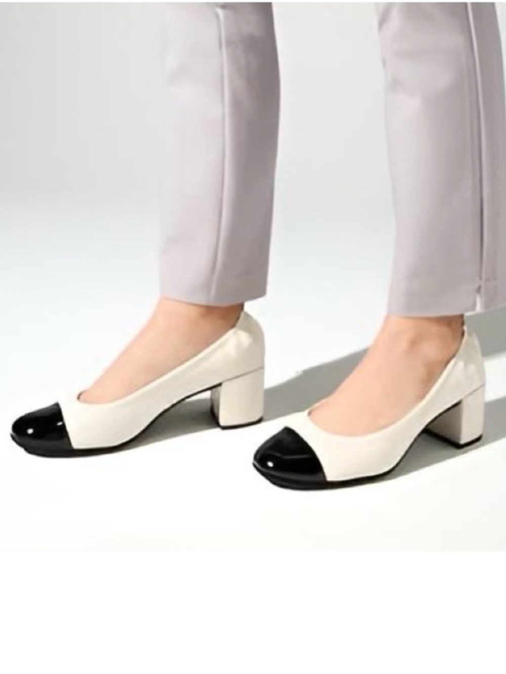 YOSI SAMRA Heidi Leather Ivory & Black Patent Classy Classic Block Heel Shoes